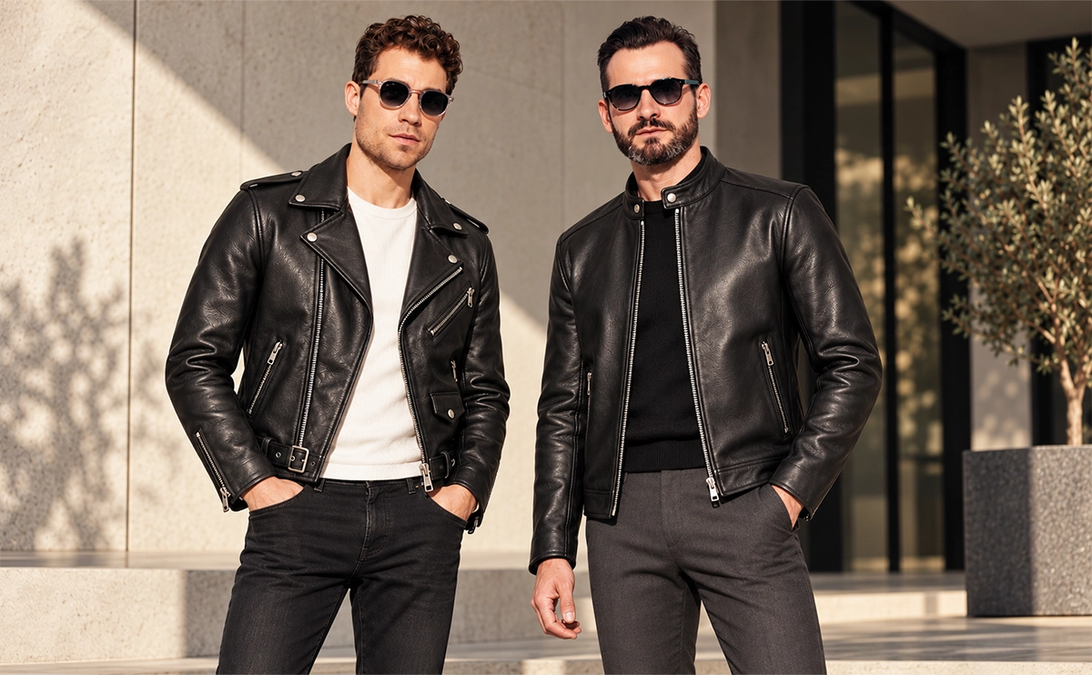 Biker jacket styled with jeans and boots next to a cafe racer styled with knitwear and chinos